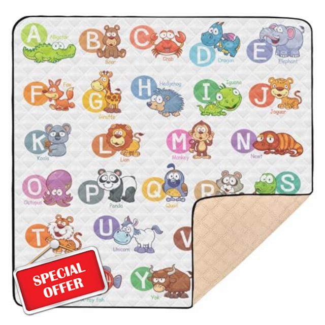 Cartoon Animal English Alphabet Large Sturdy Baby Gym & Activity Mat for Floor Washable Baby Play Tummy Time Mat for Babies Infants Toddlers