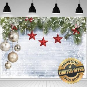 LTDKAEN 8×6Ft Christmas Wood Holly Photography Backdrop Christmas Balls Red Stars Photo Backdrop Decoration Snowflake Xmas White Wood Background