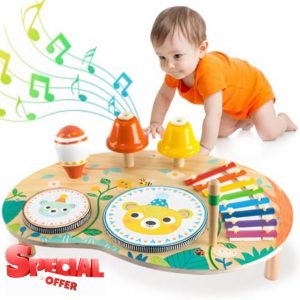 Fullware Kids Drum Kit for 1 2 3 4 Year Old Musical Instruments Wooden Montessori Toys Set with Xylophone Maraca Percussion Baby Sensory Toys for Girl Boy Toddler Birthday Gif
