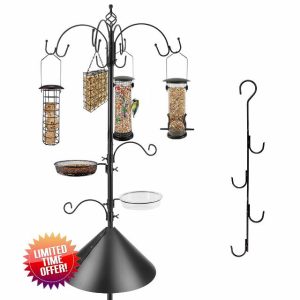 Bird Feeding Station Kit with Squirrel Baffle Bird Feeder Pole Wild Bird Feeder with Suet Cage Bird Bath Mesh Tray Fruit Hook Double W Hook for Attracting Wild Birds and Hanging Planter Hanger Lights