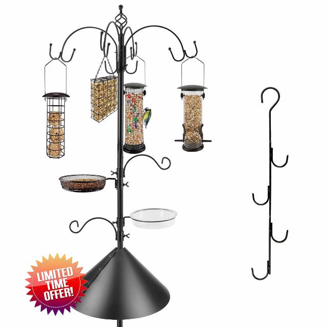 Bird Feeding Station Kit with Squirrel Baffle Bird Feeder Pole Wild Bird Feeder with Suet Cage Bird Bath Mesh Tray Fruit Hook Double W Hook for Attracting Wild Birds and Hanging Planter Hanger Lights