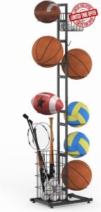 petour Ball Storage Rack 7 Tier Removable Removable Standing Holder Basketball Football Storage Shelf Sports Equipment Organiser for Basketball Football Volleyball Rugby Display