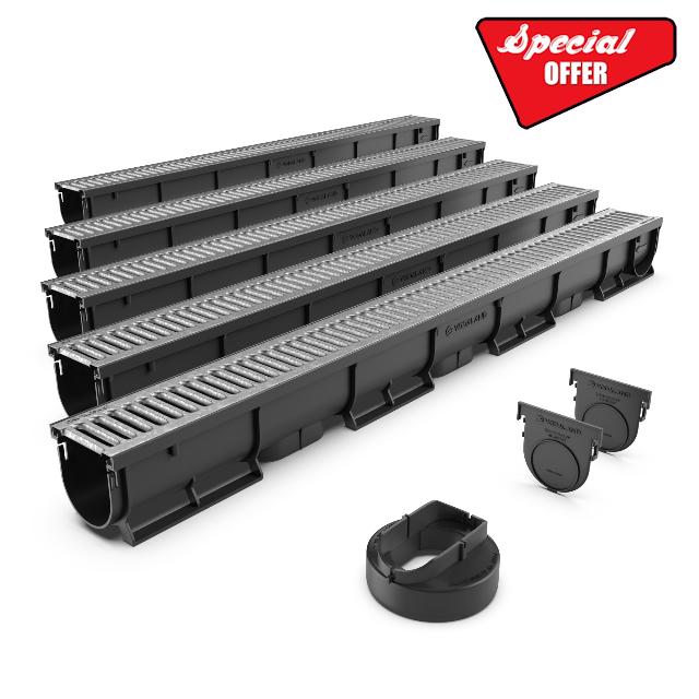 Vodaland EASY 1 Slim Plastic channel drain kit with galvanised steel grating - load class A15 (5 Pack)
