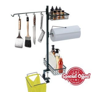 Portable BBQ Tools Organiser for Outdoor Grill - Camping BBQ Utensil Holder with Kitchen Roll Holder and Condiment Holder