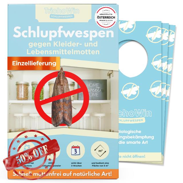 Ichneumon wasps against food and clothes moths - organic and effective - 4000 eggs per strip - 2-3 weeks effect time - safe for humans and animals - made in AT (10 pieces)
