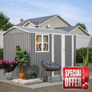BIRCHTREE Garden Shed Steel Apex Roof House Outdoor Backyard Storage With Lockable Double Doors Window Free Foundation Tool Equipment Organizer Air Vents 8x6FT Grey