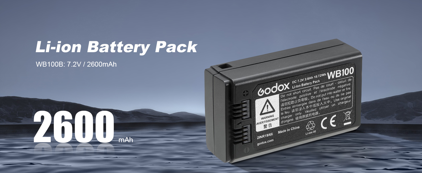 Godox WB100 AD100PRO Battery WB100 Battery 7.2V/2600mAh for Godox V1C V1N V1S V1F V1O V1P Round Flas
