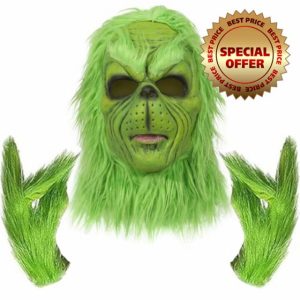 SINSEN Christmas Giant Green Monster Mask with Furry Gloves Full Head Latex Mask Christmas Plush Gloves Christmas Halloween Carnival Cosplay Costume Props for Adults Kids