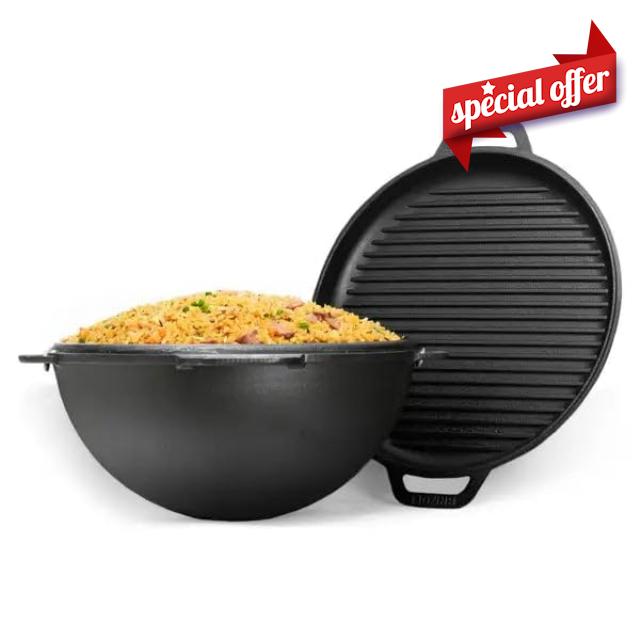 BRIZOLL 10L Cast Iron Asian Kazan Cauldron Dutch Oven with Grill Pan Lid | Multi-Functional Cookware for Grilling