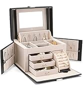 Vlando Large Jewellery Box for Women, High-End PU Leather Mirror Jewellery Boxes with 3 Drawers J...