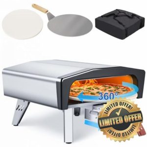 EROMMY 14" Portable Gas Fired Pizza Oven with Pull-Out Handle and 360° Automatic Rotation System