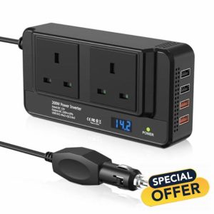 200W Car Voltage Converter Inverter DC 12V to AC 230V with 2 Sockets and 4 USB Ports Fast Charging Car Charger with Cigarette Lighter Plug for Business Trips and Vacatio