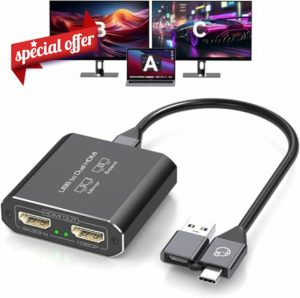 JCYMELE HDMI Splitter Extended Display for Dual Monitor USB A & C to 2 HDMI Adapter 1 in 2 Out for Laptop Mac Triple Set Support MST & SST Modes; 4K@30Hz HDMI Out 1