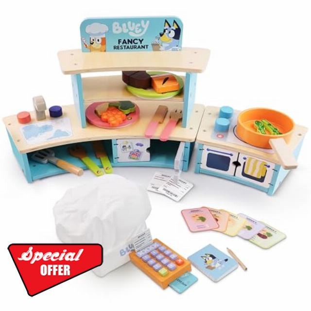 Kidoola Bluey Tabletop Restaurant Playset – Wooden Pretend Play Kitchen for Kids with Oven