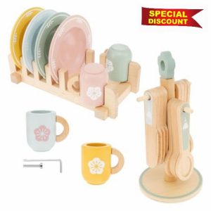 Wooden Kitchen Toys Kid Wooden Dinnerware Toy Set Wood Kids Kitchen Playset Funny Toddler Kitchen Toy Children Kitchen Cutlery and Plate Toy Set for 3-5 Years Old
