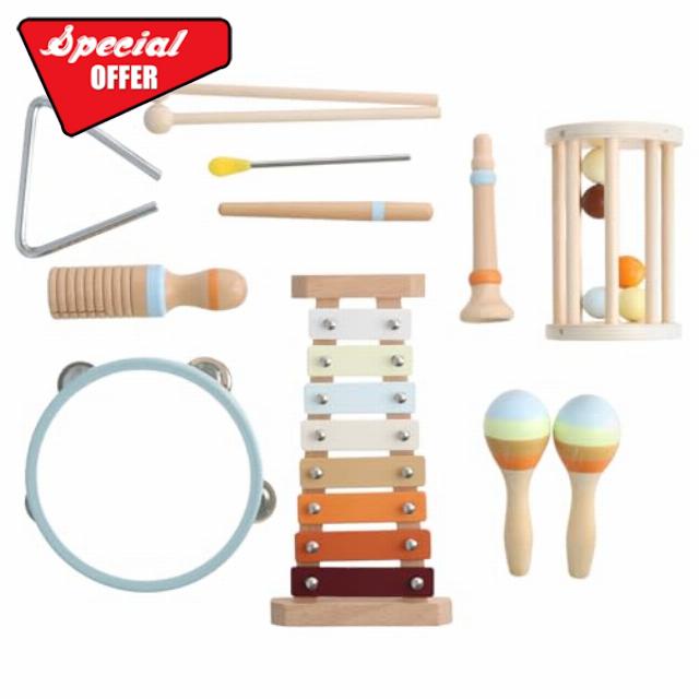 Kids Musical Instruments- Wooden Percussion Instruments Toy Montessori Baby Musical Toys Xylophone Drum Sensory Toys Tambourine Natural Wooden Music Set Preschool Educational Toys