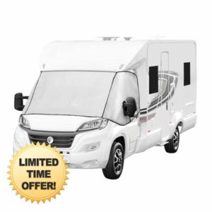 Motorhome Windscreen Cover External Thermal Screen Wrap All Year Use Campervan Front Window Sun Blind Cover Zip Turn Down Silver Waterproof Aluminium Film & Sponge Removable Storage Pockets Carry Bag