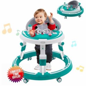 Baby Walker 4 in 1 Foldable Multi-Function Walker Height Adjustable Round Shape Walker with Game Play Center with Music Anti-Rollover Walking Chair Push Along Walkers for Girls Boys 6+ Months