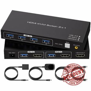 VPFET USB 3.0 HDMI KVM Switch 2 PC 1 Monitor 4K60Hz KVM Switches for 2 Computers Share 1 Monitor and 4 USB 3.0 Includes Desktop Controller DC12V Power Adapter and 2 USB3.0 cables
