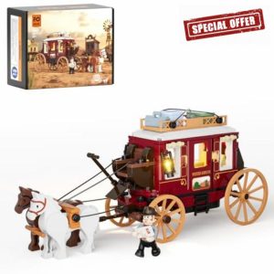 Funwhole Western Stagecoach Lighting Building-Bricks Set - Old West Carriage and Horse 293 Pcs Collection Display Set for West Lovers