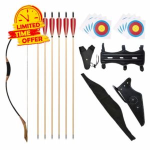 Fiita 57" Traditional Bow and Arrow Set Adult Handmade Recurve Bow Longbow of 30/40/50lbs Archery Hunting Horse Bow Left Right Handed Leather Quiver Archery Gloves 6 Wooden Arrows
