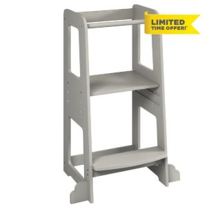 URBNLIVING 90cm Tall Grey Wooden Kitchen Step Kids Toddler Baby Learning Tower for Counter Bathroom Sink Anti-Slip Stool Protection Helper with Safety Protective Rail Durable & Lightweigh