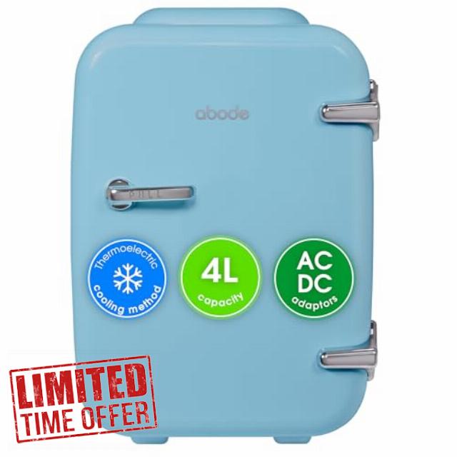 Abode Blue Mini Fridge A4CLR201BL 4L/6 Can Portable Thermoelectric Mini Cooler & Warmer for Drinks