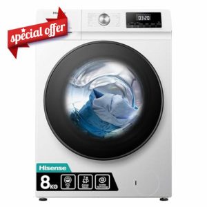 Hisense 3 Series WFQA8014EVJM Freestanding 8 KG Front Load Washing Durable Inverter Machine Steam Wash Quick Wash 15 Washing Programs 1400 RPM White Energy Rating A            [Energy Class A]