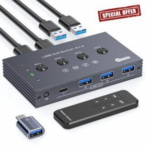 TJCXELE 10Gbps USB Switch 4 Computer share 4 USB 3.2 Port USB 3.2 Switcher Selector 4 In 4 Out Video Transfer and PD Charging Not Supported with Remote Control and 4 USB A-A Cables
