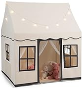 GYMAX Kids Tent, Large Play Tent with Washable Cotton Mat, Windows & Flag Banner, Solid Wood Fram...