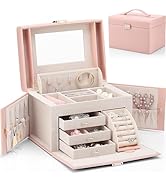 Vlando Large Jewellery Box for Women, High-End PU Leather Mirror Jewellery Boxes with 3 Drawers J...