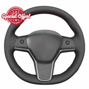 MEWANT Hand Stitch Steering Wheel Cover for Tesla Model Y 2020-2023 Model 3 2017-2023 Made of Black Artificial Leathe