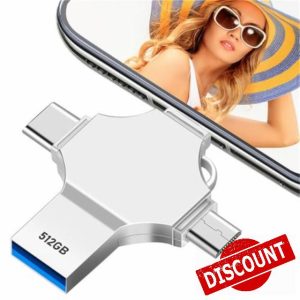 Tioreint USB Memory Stick 512gb 4 in 1 USB 3.0 Flash Drive Metal Photo Stick Large Capacity USB Drive Mini USB Stick External Storage for Smartphone/Computer/Android/PC/Tablets