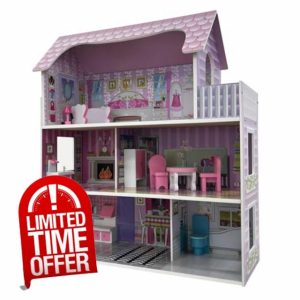 Oypla Childrens Kids Wooden Dolls House Playset with 9pcs Furniture and Accessories