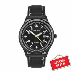 Sekonda Men's 42mm Pilot Style Quartz Watch with Analogue Display Date Window and Leather Strap 50m Water Resista