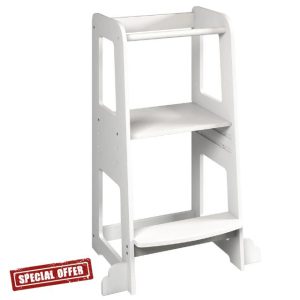 URBNLIVING 90cm Tall White Wooden Kitchen Step Kids Toddler Baby Learning Tower for Counter Bathroom Sink Anti-Slip Stool Protection Helper with Safety Protective Rail Durable & Lightweigh