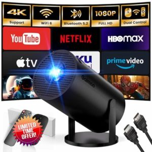 2025 Mini Projector 1080P FHD 4K Support Projector with Mouse Portable Projector with WiFi and Bluetooth 180° Adjustable Auto Keystone HDMI/TV Stick/USB/PS5/Laptop