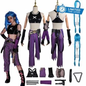 Daotutu Anime Jinx Arcane Season 2 Cosplay Costume Outfits with Wig Uniform Adult Vest Pants Gloves Hand Sleeve Waist Belt Full Set Halloween Carnival Fancy Dress Up Suit for Women Unisex