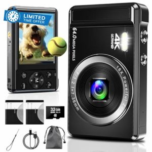 Digital Camera 4K Photo Camera 64MP - with 32GB Memory Card Digital Camera16X Digital Zoom Simple Portable Camera and Rechargeable 2 1200mAh Batteries for Kids Teenagers Seniors Beginners