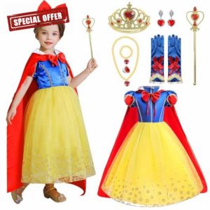 Princess Snow White Costume Kids Girls Snow White Dress With Crown Wand Gloves Red Cape White Snow Princess Dress Up Halloween Birthday Christmas Party Cosplay Fancy Dress Outfits