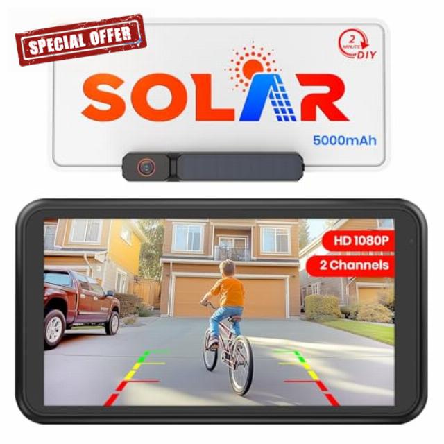 AUTO-VOX Solar Wireless Reversing Camera 5" 1080P Monitor: 5000mAh Battery 2 Mins DIY Installation & 2 Split Screen Reverse Camera Kit