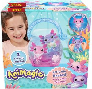 Animagic: Let's Glo Axolotl Bubble Reef Twin Pack | Portable Magic Bubble Aquarium | Also Includes 2 Let's Glo Axolotl | Interactive Electronic Pets | For Kids Aged 4+