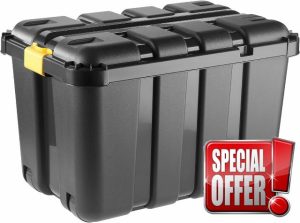 Siam Express 150L Heavy Duty Black Plastic Nesting Wheeled Storage Box with Lid Waterproof Garden Outdoor Organiser Lockable Trunk L79cm x W79cm x H52cm - No Tools Required