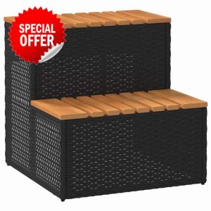 idaXL Hot Tub Step - Black PE Rattan/Acacia Wood - 50cm Adjustable Spa Ladder for Outdoor