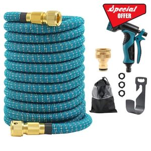 Expanding Garden Water Hose 100FT/30M with 10 Function Nozzle - 3/4" & 1/2" Sold Brass Fittings with Upgraded Durable 4 Layer Latex Hose - Easy Storage Garden Hose (Blue