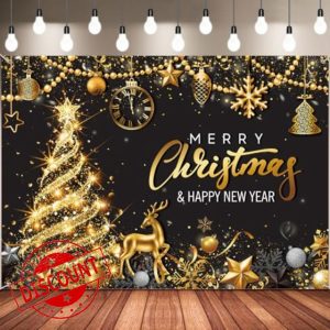 Tiamon Merry Christmas Party Backdrop Christmas Black Gold Banner Background Xmas Tree New Years Eve Photography Background for Christmas New Years Eve Party Decoration Supplies (83.9 x 59.8 Inch)