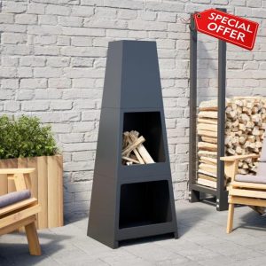 qohoio Outdoor Fireplace with Log Store Tower Design Black Steel-Metal Chiminea Fire Pit Chimney Tall Steel Outdoor Log