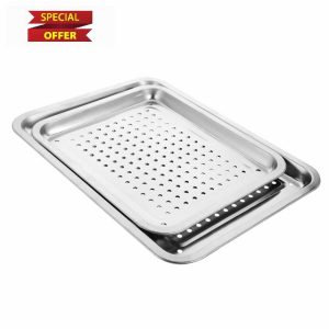 2pcs Catering Food Tray Baking Pans Grilling Baskets with Holes Steam Trays for Cooking Perforated Food Trays Draining Pans BBQ Storage Plate Seafood Storage Tray Stainless Steel Miliste