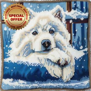ORLUMY Samoyed Dog Animal Latch Hook Kits Dog by The Window DIY Latch Hook Kits Yarn Kits Pillow Rug Pattern Arts and Crafts Crochet Needlework 43x43cm