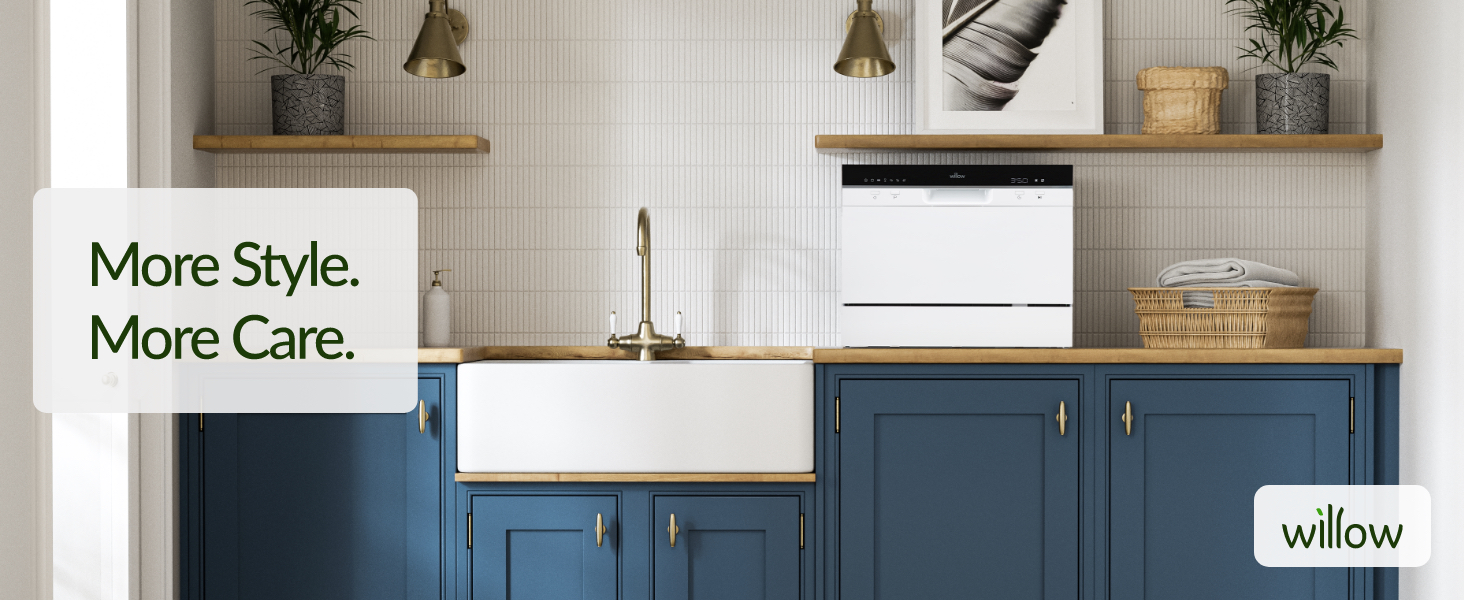 Willow WTTD6W 55cm Tabletop Dishwasher in blue kitchen next to sink